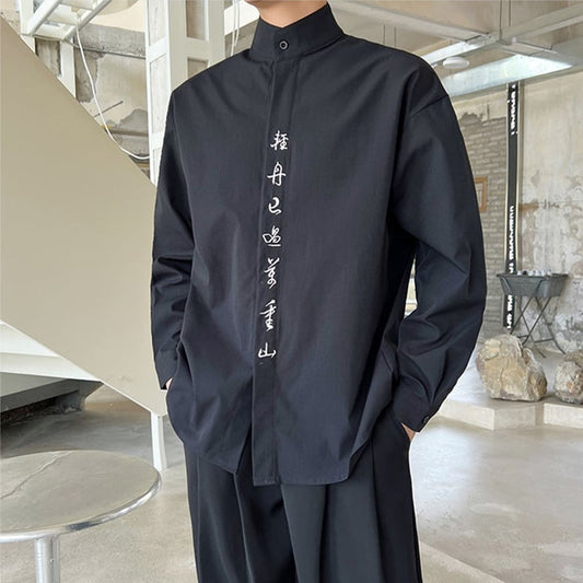 [Illustrated series] ★China style shirt★ 2color embroidery tops unisex men's black white lettering pattern