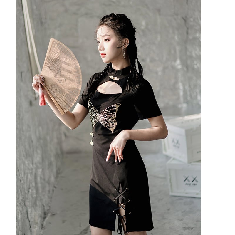 [Kyoto Series]★China-style dress★ Embroidery Improved Chinese dress Butterfly Black Black Slimming