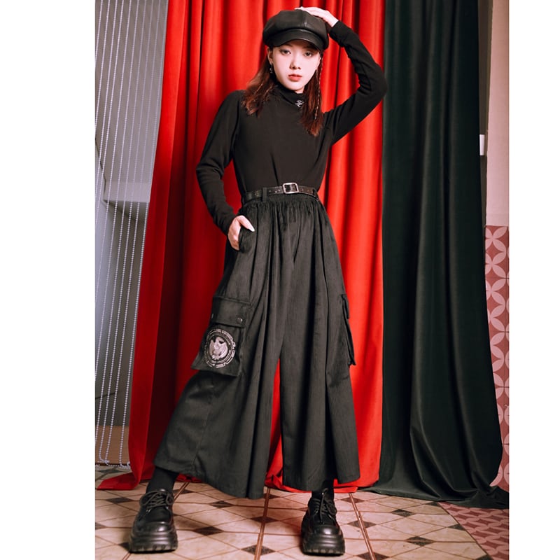 [Ancient Monster---Gold Series]★China style pants★Bottoms Gaucho pants nine-quarter length corduroy black