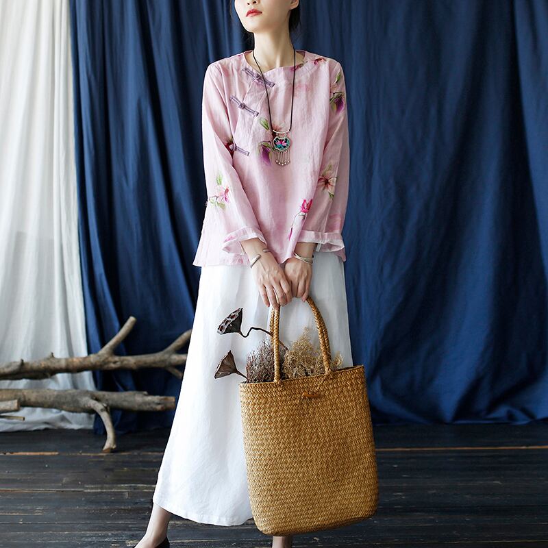 [Light ink series] ★China style tops★ Shirt Improved temperament Improved Tang suit Thin floral pattern Pink China button