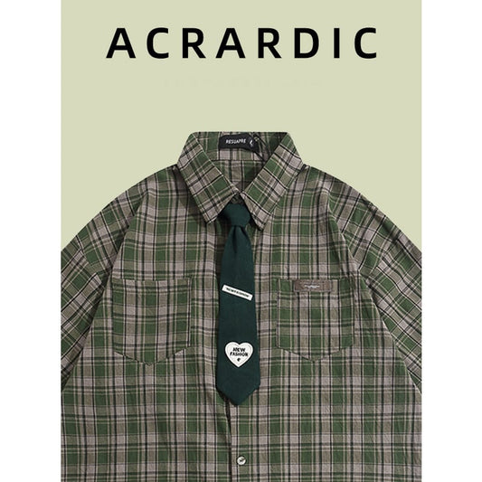 [HTTAOSUP Series]★Shirt with tie★ Check pattern tops short sleeve shirt Unisex Men's Green ML XL