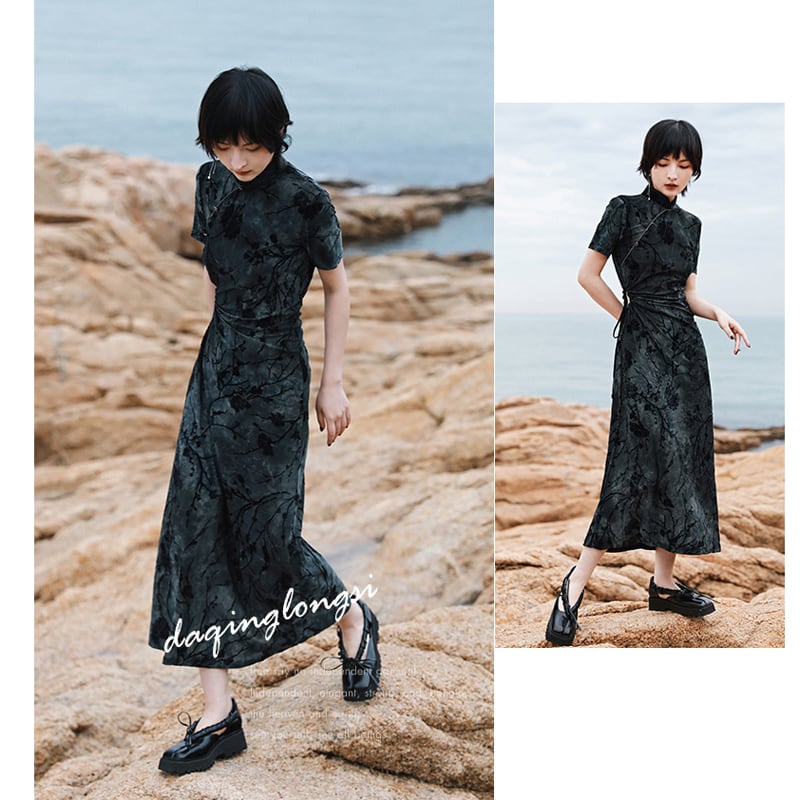 [Da Qinglong Shu Series] ★China style dress★ Improved cheongsam dress, sexy velvet, long length, improves temperament, photo shoot, party