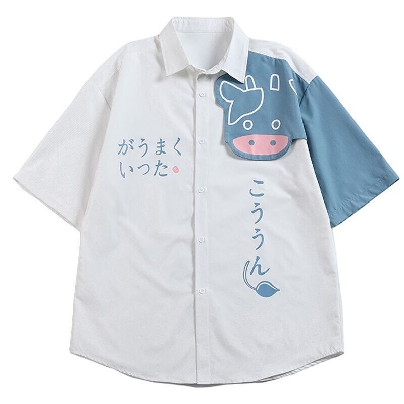 [Ushiomiomi Series]★Shirt★ 2 color tops cow short sleeve unisex cartoon cute summer loose large size