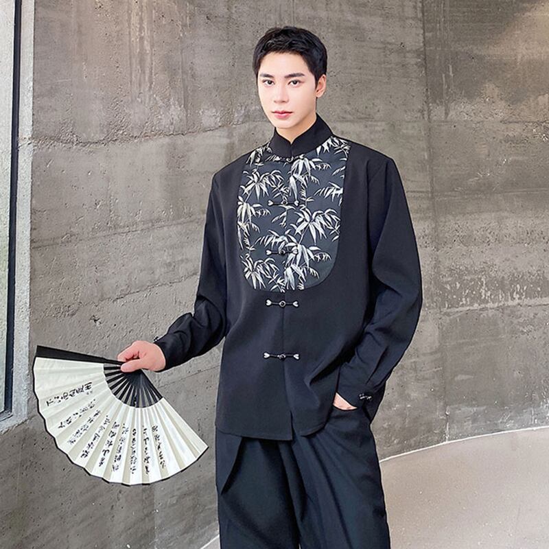 [Illustrated Series]★China Style Shirt★ Tops Unisex Men's Black Bamboo Pattern Switching Chinese Clothes