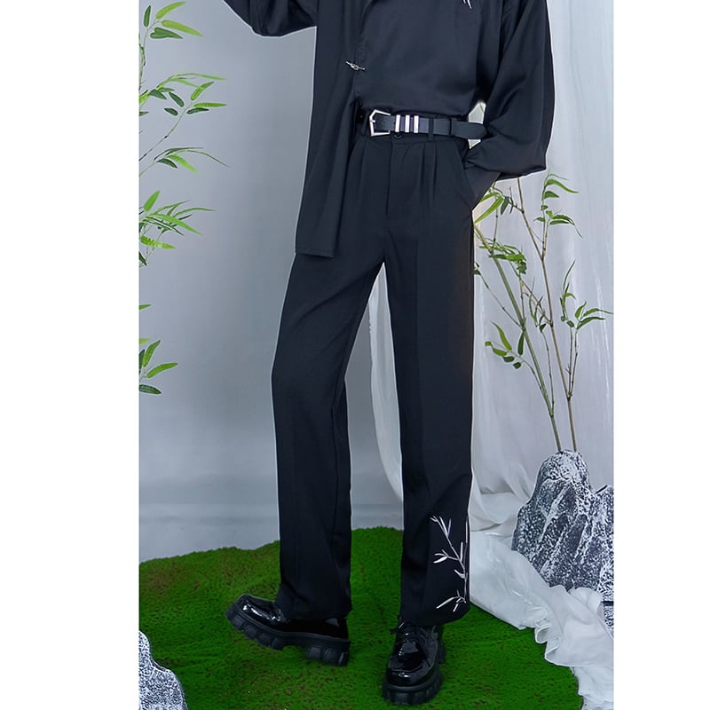 [Kuraho Koya Series]★China style trousers★Bottoms Bamboo embroidery Unisex Men's Black Black