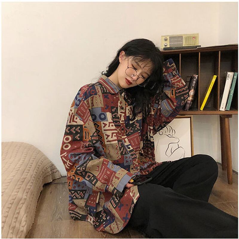 [YOUZI Series] ★Retro Shirt★ Long Sleeve Shirt Tops Print Retro S M L XL Loose Easy to Match Thin