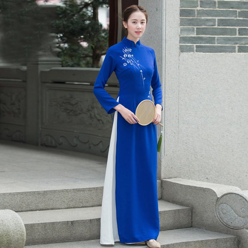 Ao Dai Vietnamese Ethnic Style Long Dress Side Slit Long Sleeve Stand Neck Dress After-Party Bride Thank-you Party Date Invitation Blue Pink Large Size SML XL 2XL