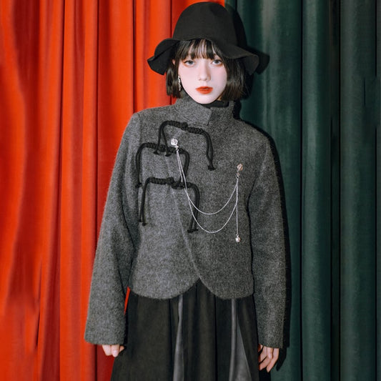 [Kokaisha---Ochienura Series] ★China style coat★ Lasha Quilted Winter Coat Short Length Gray