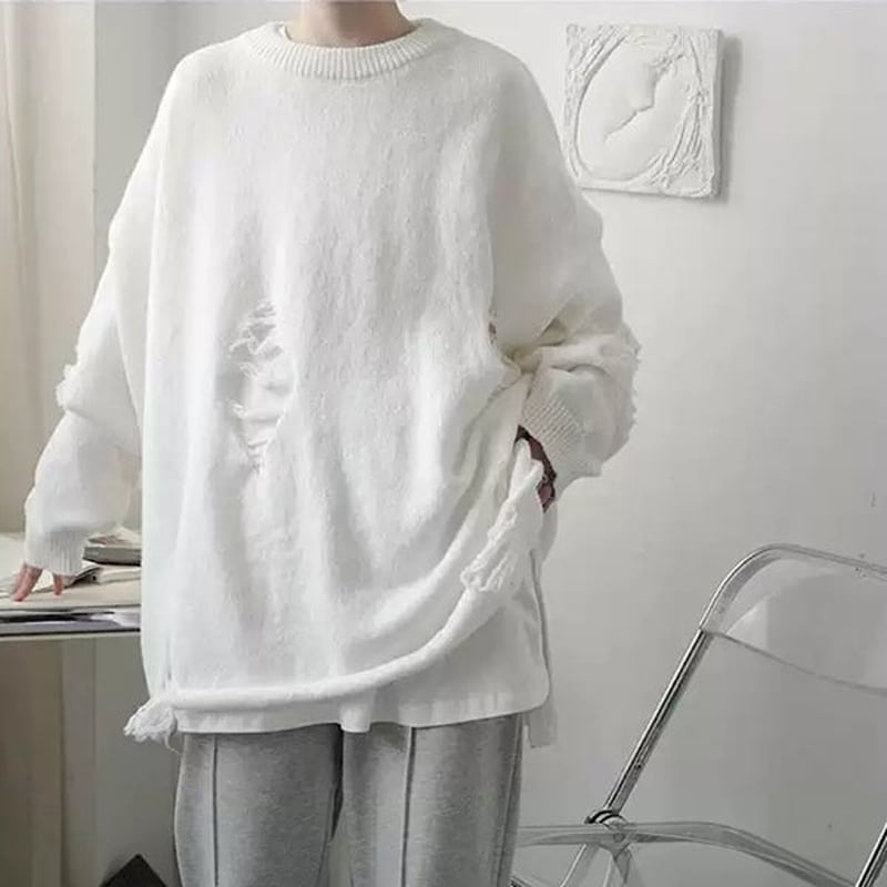 [YUANLAI Series]★Sweater★ 2color black or white knit tops, hole-cutting, unisex, loose, men's fashion