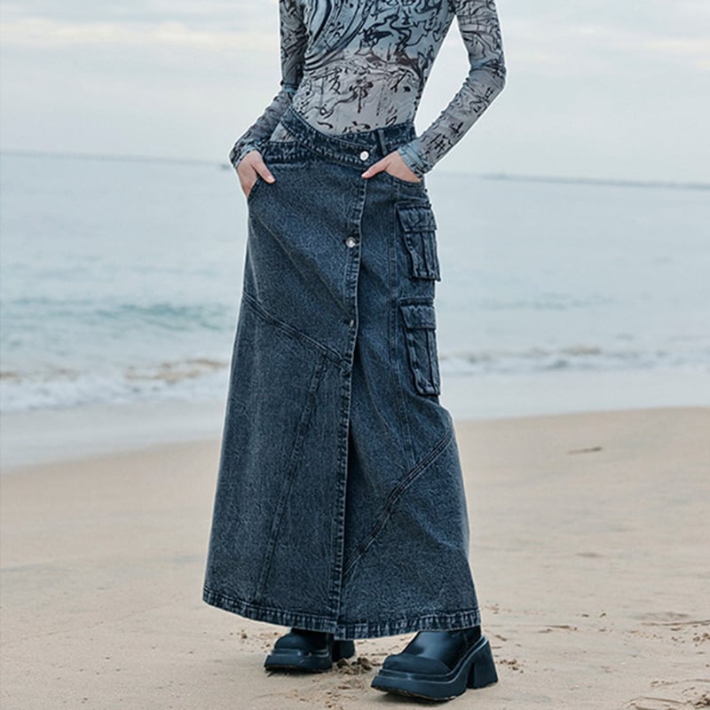 [Daiseiryusu Series] ★China style skirt★ Bottoms Denim skirt Long skirt Slit