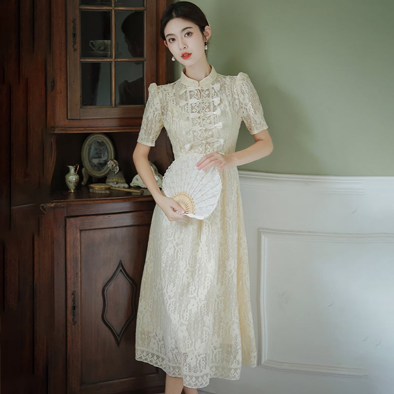 [BAIRIMENG Series]★China style dress★ Lace dress Improved Chinese dress Summer clothes Beige