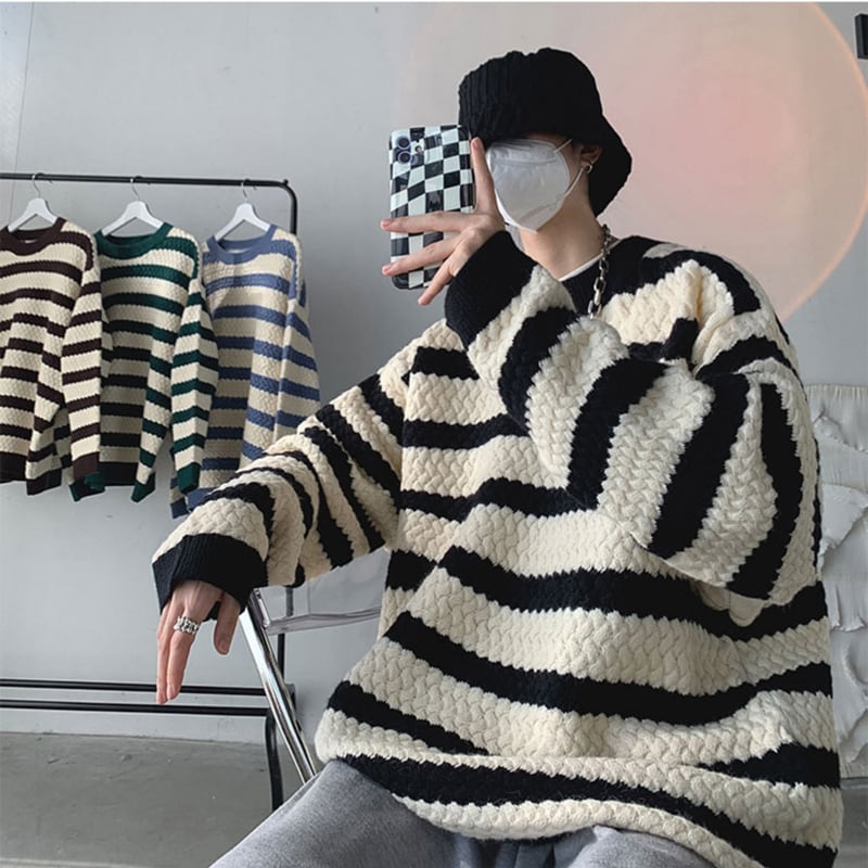 [Gyoshoen Series]★Sweater★ 4color knit tops Unisex Men's Horizontal striped pattern Casual Color scheme