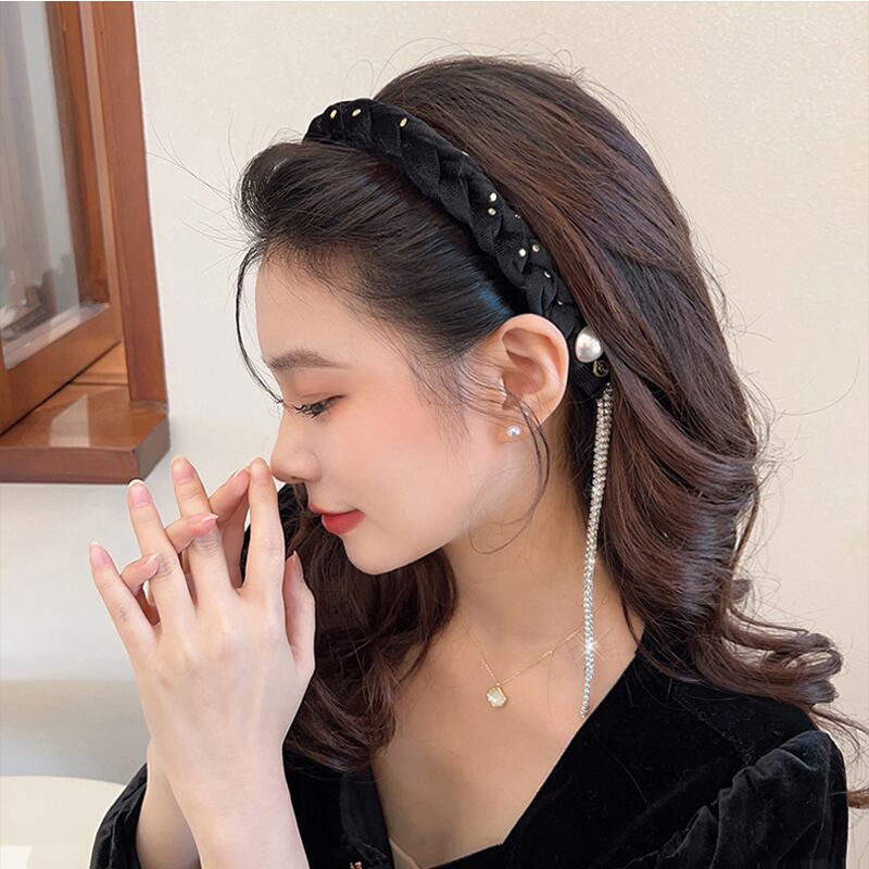 [Rainou Series] ★Headband★ 2color Hair Ornament Accessory Velvet Black Black Asymmetrical Fringe