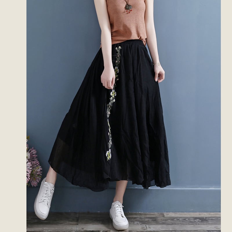 [Qing series]★China style skirt★ 3color bottoms cotton linen embroidery A-line black blue white