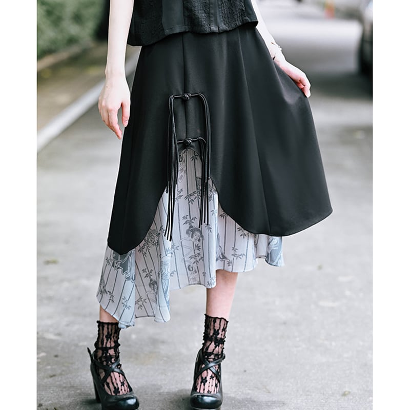 [Kokaisha---Bamboo Series] ★Chinese style skirt★ Fringe Chinese clothing Original Color scheme Irregular Black Black