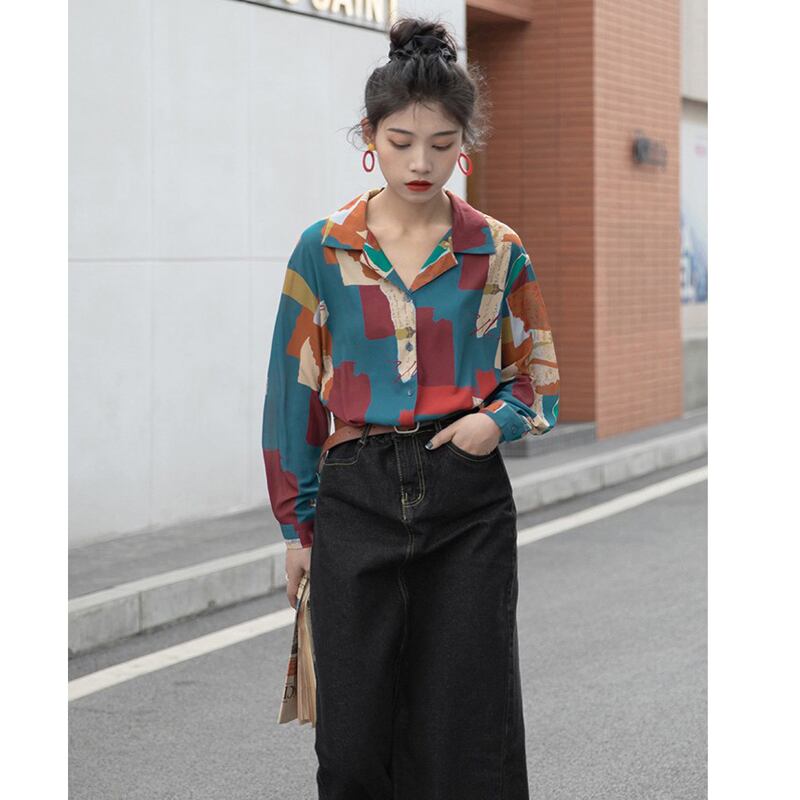 [YOUZI Series]★Retro Shirt★ Long Sleeve Shirt Tops Print Retro SML XL Thin Cute Color Scheme