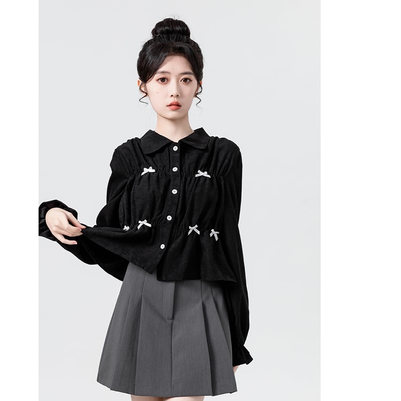 [WEIWU Series]★Shirt★ Tops Ladies Short Length Corduroy Black Cute Stylish