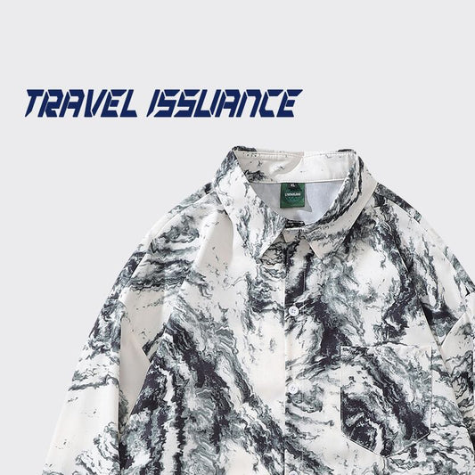 [TRAVEL ISSUANCE Series]★China Style Shirt★ Long Sleeve Shirt Tops Ink Pattern Unisex Men's Retro