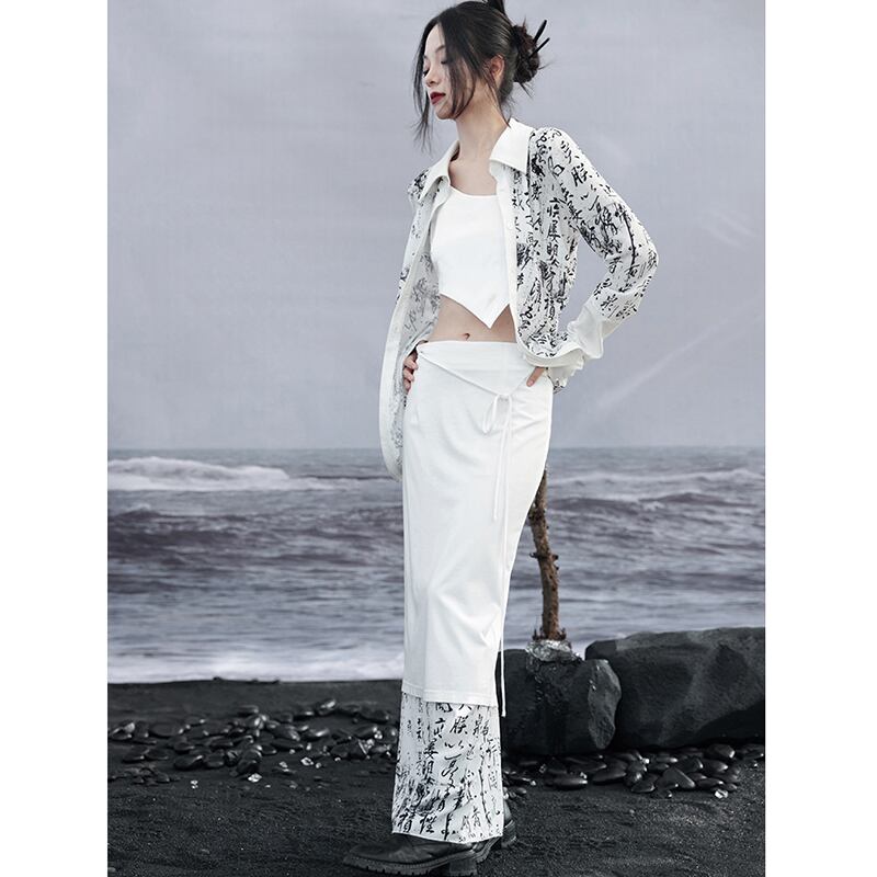 [Big Blue Dragon Series]★China style skirt★ Letter pattern bottoms ladies switching original white white