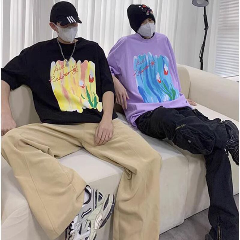 [PV Series]★T-shirt★ 3color Tops Oil Painting Style Summer Clothes Short Sleeve T-shirt White Black Purple