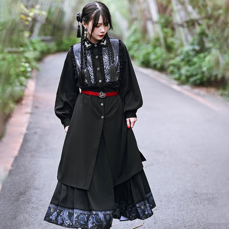 [Old Monster --- Rabbit Series] ★China style shirt★ Long shirt embroidery rabbit rabbit black black