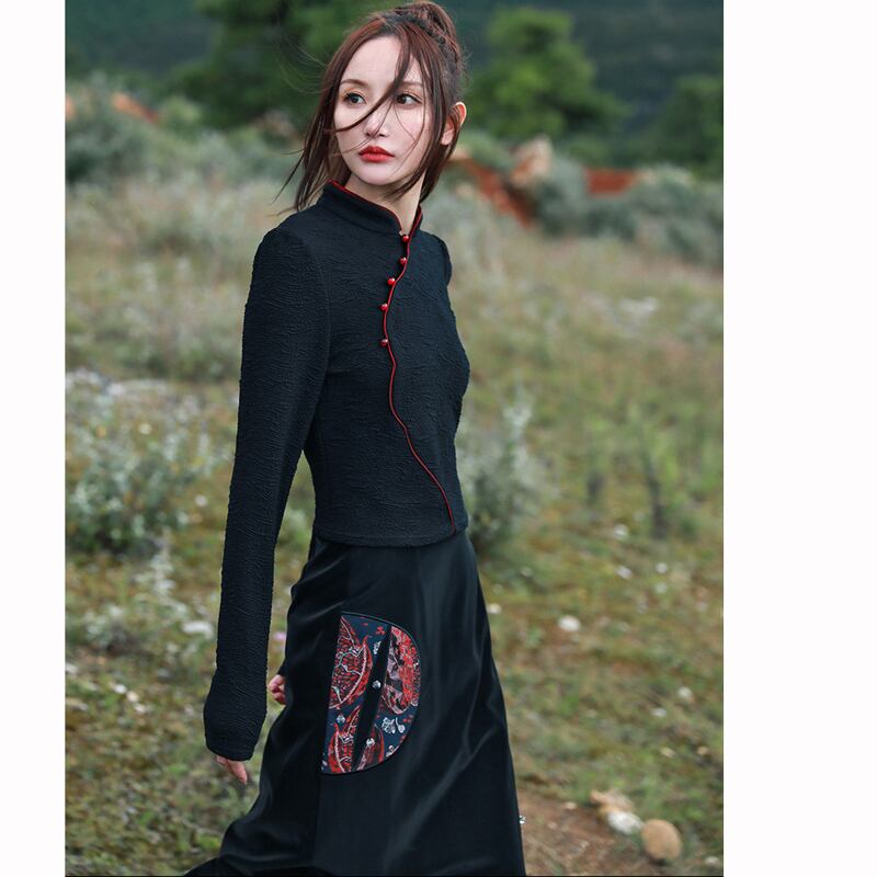 [Da Qinglong Shu Series] ★Chinese style tops★ Color scheme: Slim, slimming, Chinese clothes, original, easy to match, black, black