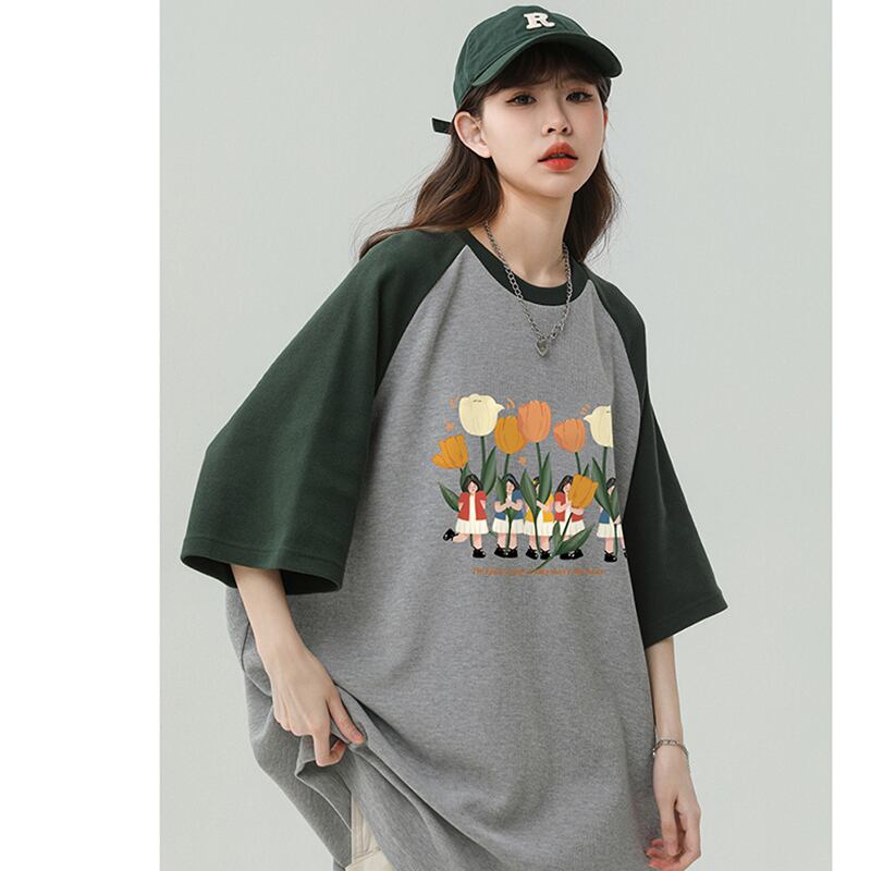 【藤伊曼シリーズ】★Tシャツ★ 3color トップス 男女兼用 メンズ 配色 花 カジュアル 合わせやすい