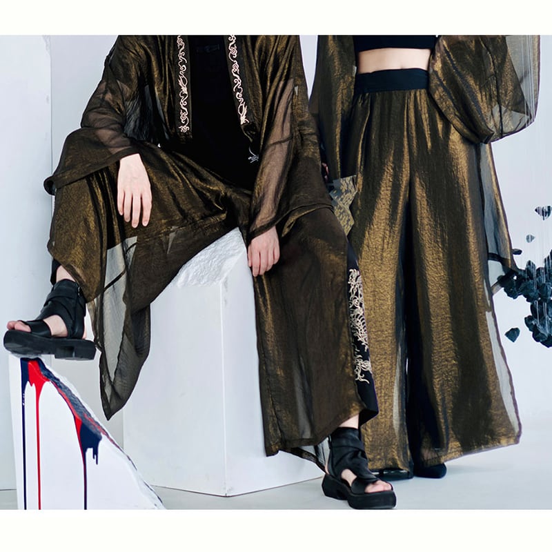 [Kyodo Series]★China style trousers★ Gaucho pants, dragon embroidery, unisex, couple clothes, men's wide pants, tulle, elastic waist