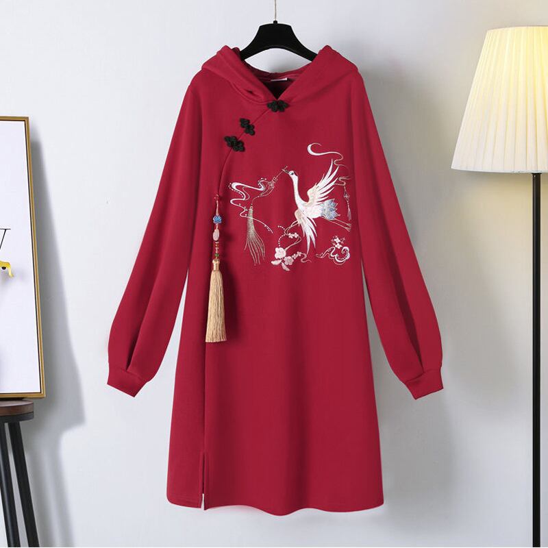 [Only cats are allowed in the series] ★Chinese-style dress★ Hoodie with fleece lining, embroidered crane, red