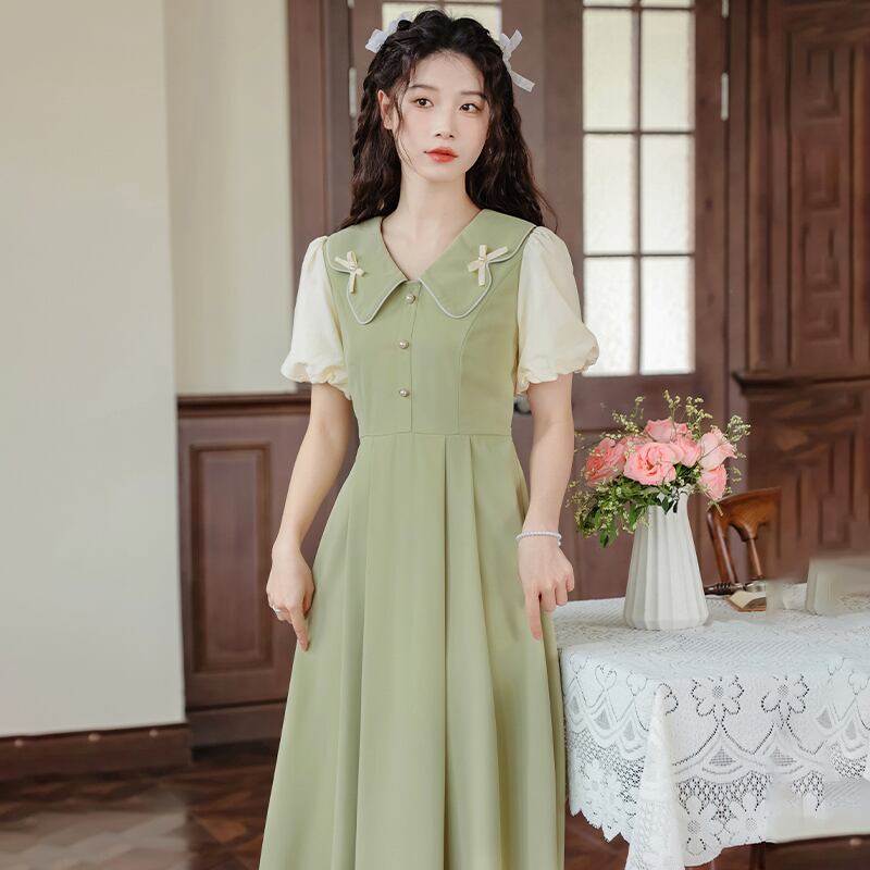 [White Moonlight Series]★China style dress★ 2color short sleeve dress summer clothes fake layered ribbon