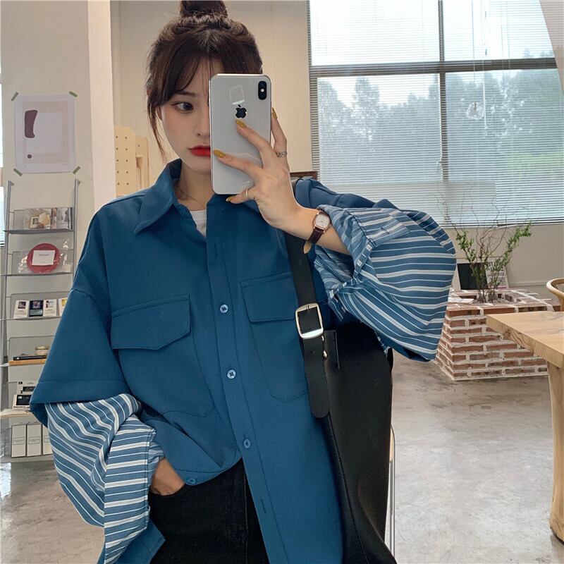 [KEKELI Series]★Shirt★ Tops 2 colors fake layered vertical striped striped pattern casual blue black