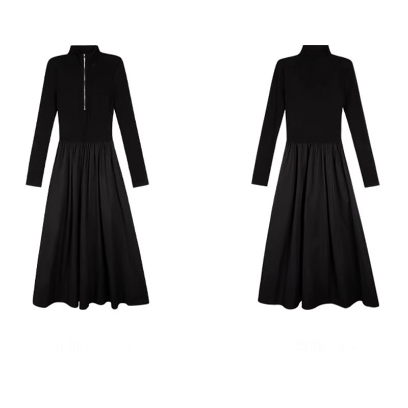 [JIFEI Series] ★Dress★ Switching Simple Long Length Cute Slimming Easy to Match Black Black