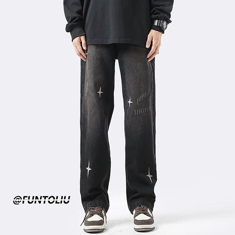 [OULUDE Series]★Denim Pants★ Bottoms Pants Unisex Men's Star Pattern Gray Black ML XL 2XL 3XL