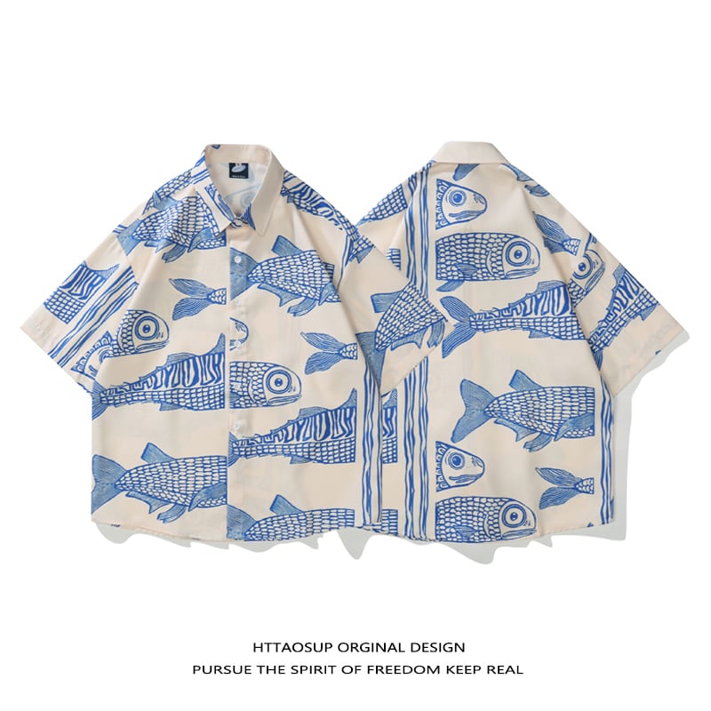 [HTTAOSUP Series]★Shirt★ Tops Fish Fish Pattern Short Sleeve Shirt Unisex Men's Summer Clothes Print Retro ML XL