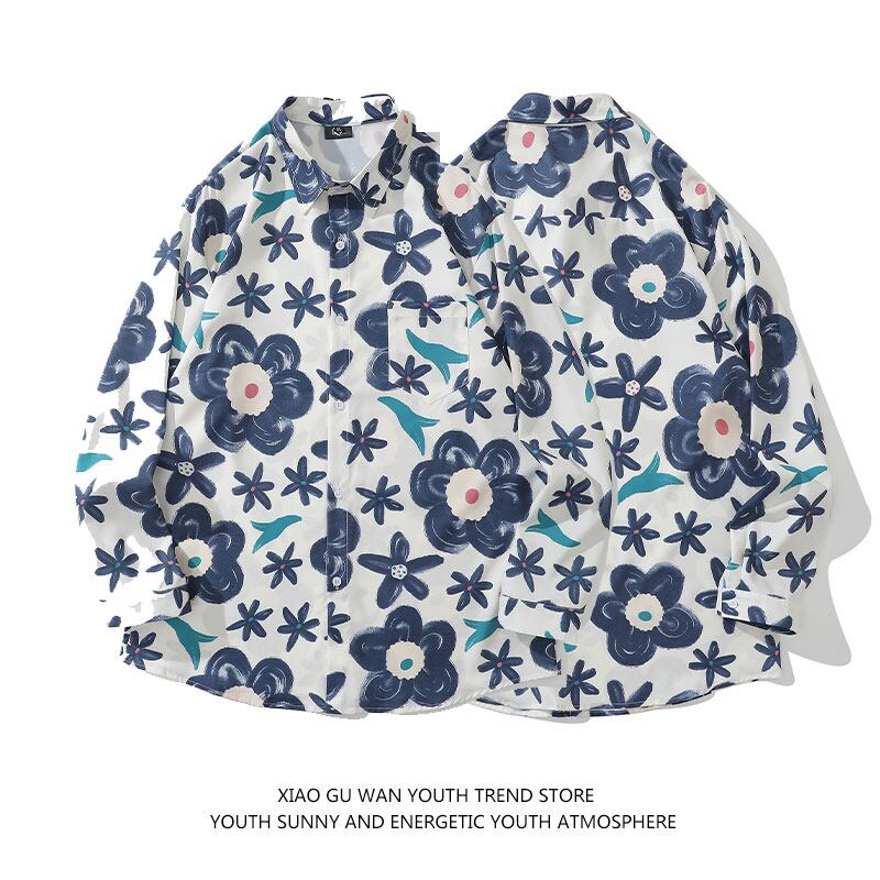 [MOISHE TIDE Series] ★Floral Pattern Shirt★ Tops Long Sleeve Shirt Spring/Summer ML XL 2XL Unisex Men's Blue Blue