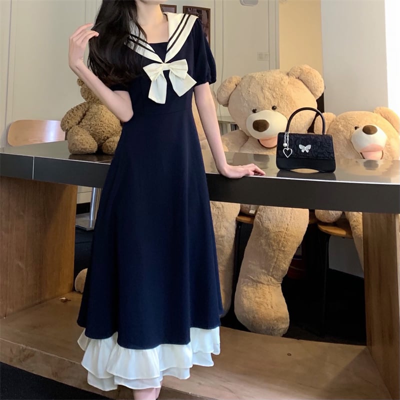 [Dong Xiaojie Series] ★Sailor color dress★ Cute color scheme date dark blue blue blue large size