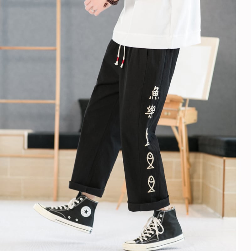 [TAOHUAYUAN Series]★China style trousers★ 3color bottoms trousers casual pants unisex men's large size fish nine-quarter length