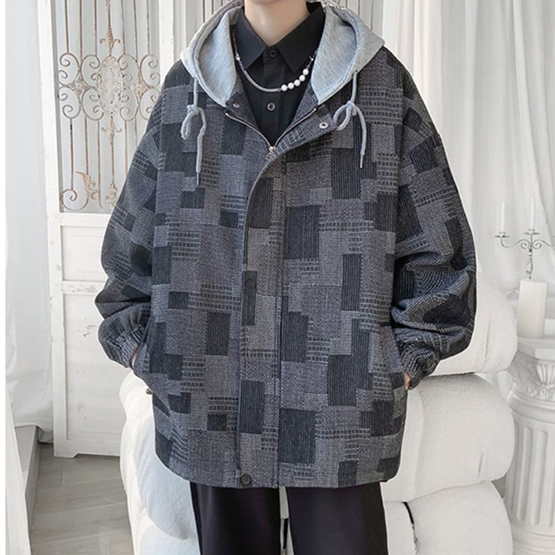 [HUICHUN Series] ★Jacket★ 2color outer plaid pattern unisex men's black blue large size