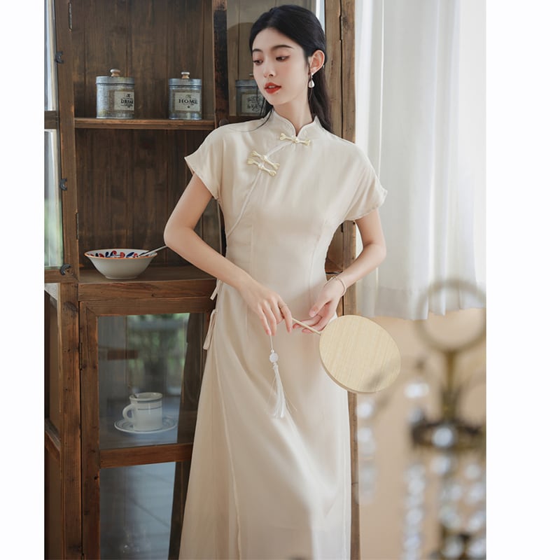 [Tatsuko Chenis Series] ★China style dress★ 2color dress coming of age ceremony girls' night out date short sleeve dress summer clothes green beige chiffon cool