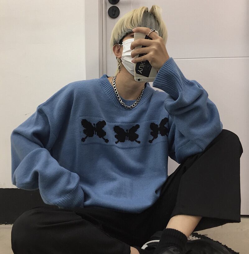 [Demon King Series]★Sweater★ Knit Tops Loose Casual Unisex Men's Couple Clothes White Blue