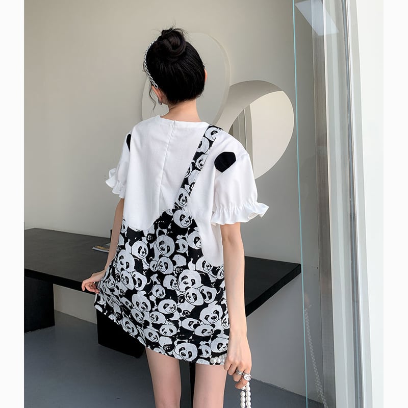 [Left Sister Series] ★One Piece★ Panda Super Cute Loose Round Neck Short Sleeve Short Length Switchable