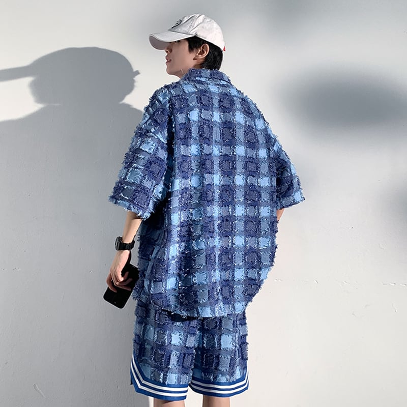 [BIGEMAN Series]★Setup★ Shirt + Shorts 2color Unisex Men's Large Size Plaid Pattern Blue Black Gray