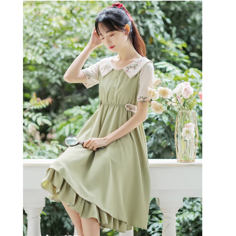 [Poetry Series] ★Chinese-style dress★ 2 colors Dress Embroidery Green Blue SML XL Improve your temperament Cute