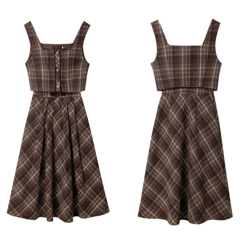 [Kiyi series]★Setup★Checked pattern vest + checked pattern skirt Retro cute Daterasha