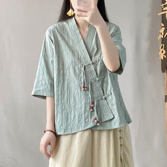 [Qing series] ★China style tops★ Shirt 3color cotton linen V neck literary style blue green beige