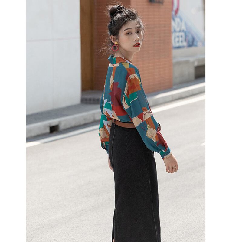 [YOUZI Series]★Retro Shirt★ Long Sleeve Shirt Tops Print Retro SML XL Thin Cute Color Scheme