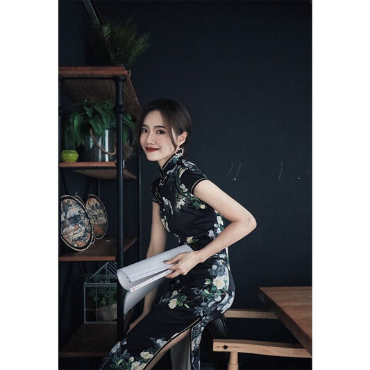 Long cheongsam dress, floral pattern cheongsam dress, chinese style dress, cheongsam style clothes, Chinese clothes, after-party, girls' party, class reunion, stand neck, short sleeve, large size, classy, ​​elegant, elegant