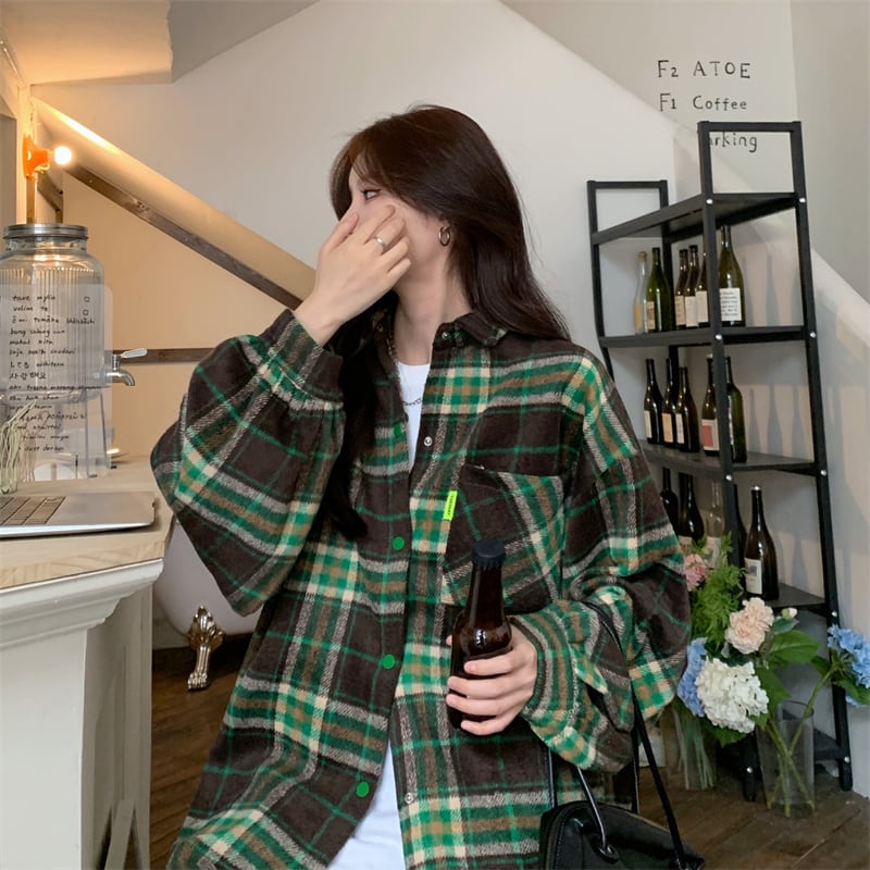 [XIAOXINJIA Series]★Outerwear★ Shirt Jacket Unisex Men's Checkered Pattern Casual Green Green