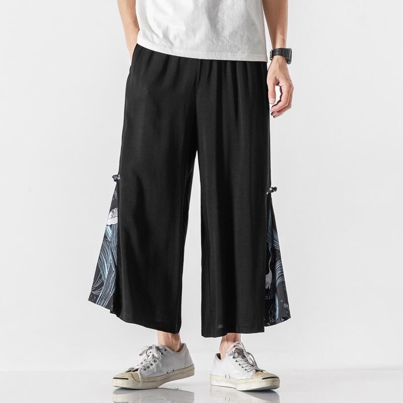 [Mowensai Series]★China style trousers★Men's 3color cotton crane print loose large size black white blue