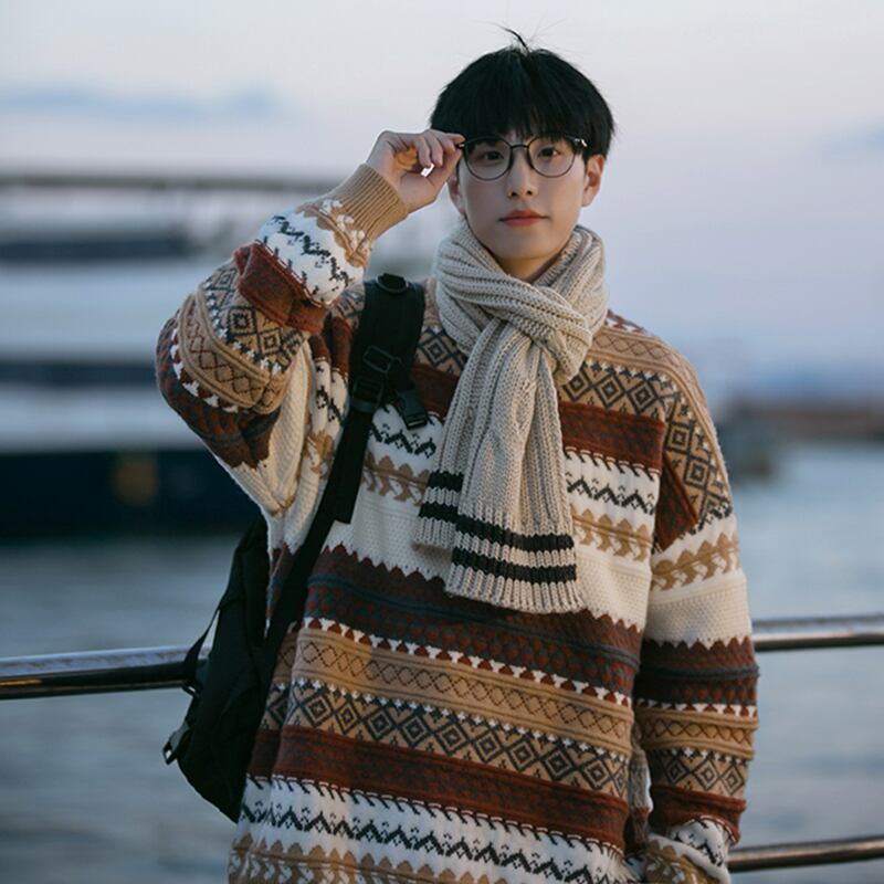 [Pvpvpv Series]★Sweater★ 2color Tops Christmas Unisex Men's Vertical Striped Striped Pattern Gray Brown